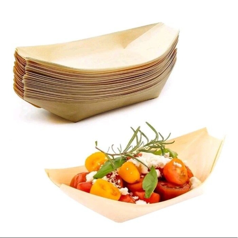 100 Pack 8" Disposable Bamboo Boats Plates Hot Dogs Tacos Night Salad BBQ Picnic